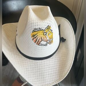 Kids White Straw Cowboy Hat with Horse Rodeo Summer Spring Fall Cap